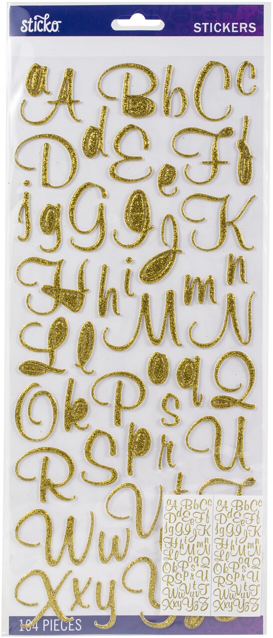 Sticko Alphabet Stickers - Script Font, Gold Glitter, 104pcs